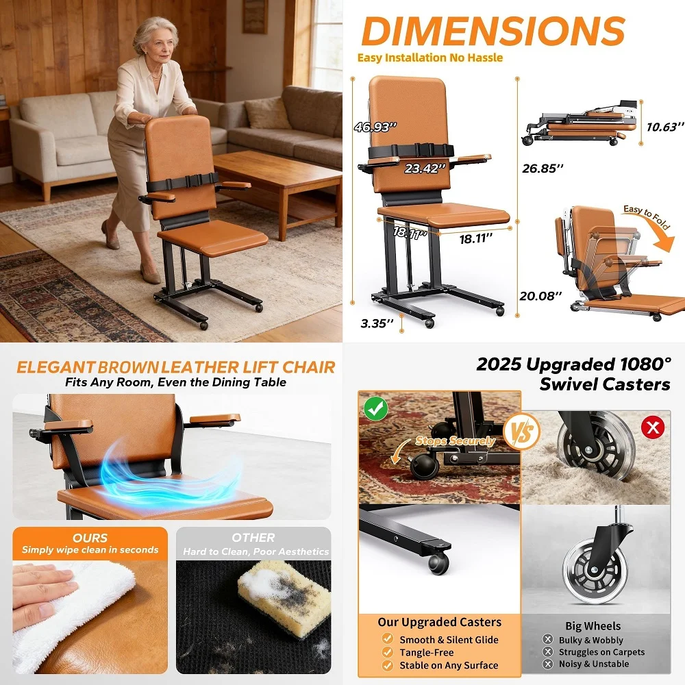 

Electric Floor Lift Chair with Wheels and PU Cushion, Floor Lift for Elderly, 440 LBS Capacity, Seat Belts and Handrails, Suita