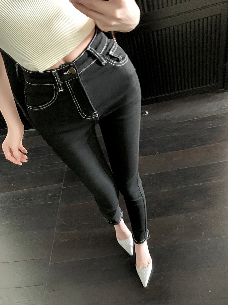 High Waist Slim Fit Jeans Women's Korean Style Cotton Stretch Denim Pants Natural Hip Enhancing High Elasticity Deep Color