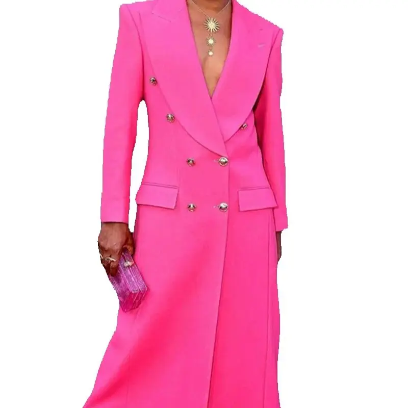 Rosa quente terno masculino 1 peça longo blazer vestido de baile sobretudo duplo breasted casamento smoking jaqueta formal escritório casaco no tapete vermelho