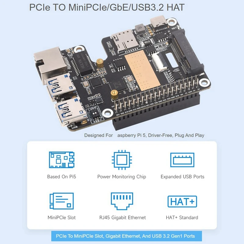 Untuk Raspberry Pi 5 Pcie ke Minipcie 4G Gigabit Ethernet RJ45 USB3.2 topi + papan adaptor Pcie ke Minipcie Gbe USB3.2 topi +