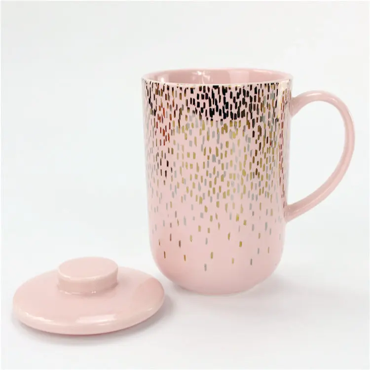 

Fancy Pink & Golden Ceramic Tea Mug With Filter And Lid & Handle