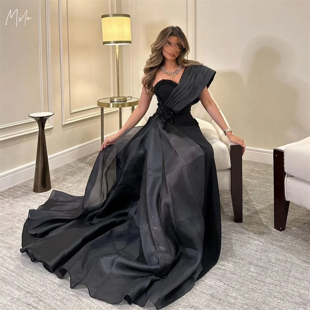 

Mila Customized Black One Shoulder With Pleats Prom Dress Asymmetrical Sleeveless vestidos de fiesta Floor Length فساتين سهرة