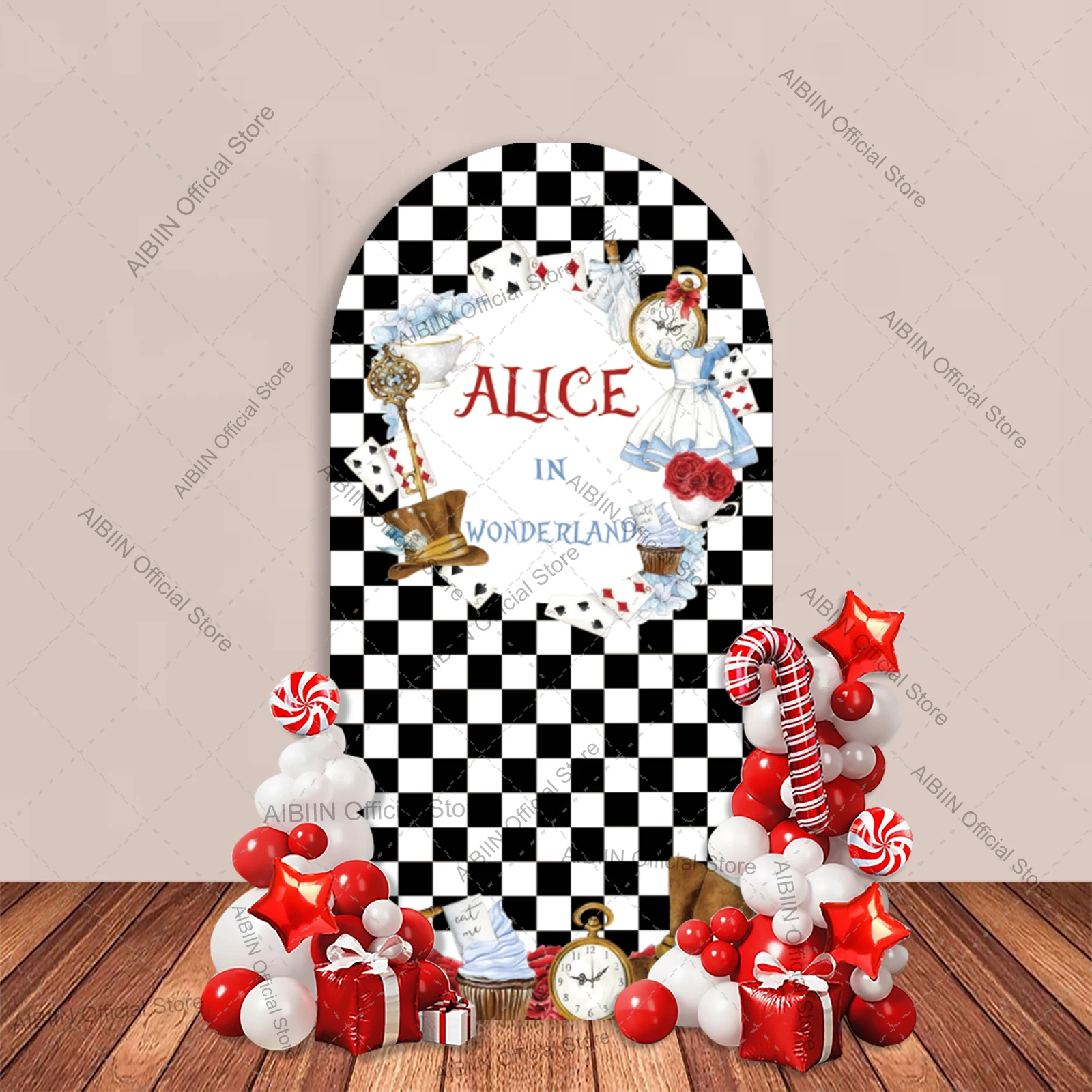Fairy Tale Alice Adventure Arch Backdrop Cover White Black Grid Checker Rose Floral Dress Clock Game Cake Party Decor Background view 3