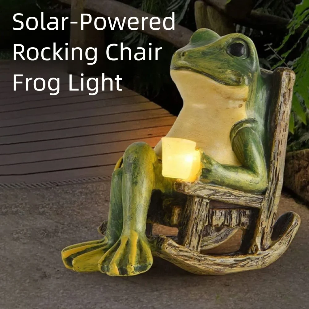 Waterproof Solar Powered Frog Night Light Creative Rustic Style Resin Frog Sculpture Cute Mini Rocking Chair Frog Figurine Lamp