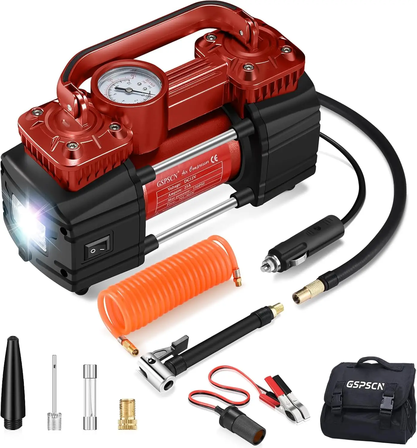 

12V Dual Cylinder Air Compressor, 150PSI Portable Tire Inflator with LED Light for Car, Truck, SUV