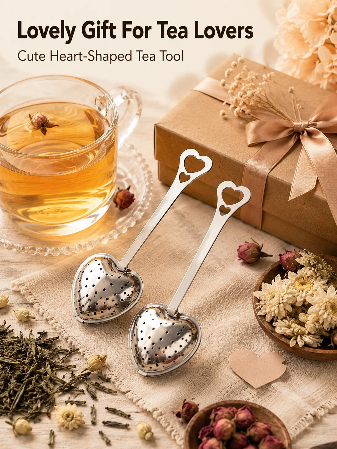 Stainless Steel Heart Tea Infuser Set, Loose Leaf Tea Filter Spoon with Heart Handle, Reusable Tea Strainer for Cup Mug Teapot, Fine Hole Tea Ball Steeper, Herbal Tea Separator, Kitchen Tea Accessory, Brewing Tool for Home, Office, Travel, Tea Lover Gift