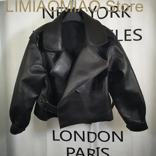 Chaqueta de piel sintética de gran tamaño para Mujer, abrigo de motociclista recortado que combina con todo, estilo europeo, moda de otoño, nuevo