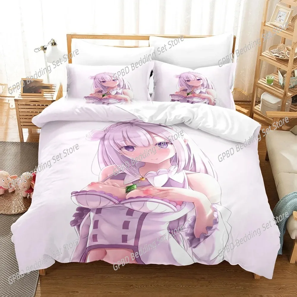 Anime Re Zero Rem Ram Emilia Bedding Set,Duvet Cover Bed Set Quilt Cover Pillowcase,King Queen Twin Size Boys Girls Adults