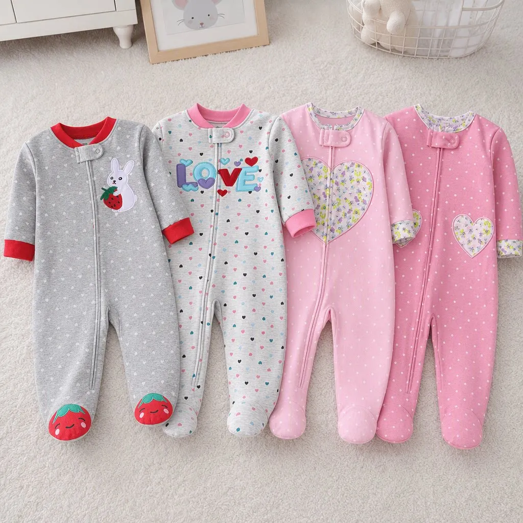 Newborn Girls Double-sided Cotton Footed Romper Heart Polka Dot Print Embroidery Zipper Onesie Cute All-seasons Baby Clothes