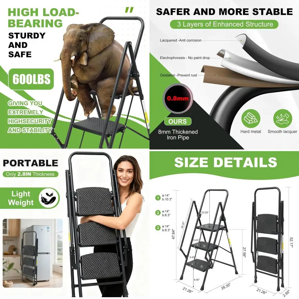 

Compact Folding Ladder with Handle, Anti-Slip Treads, Durable Steel Construction, Ideal for Home and Kitchen Use, Lightweight Bl