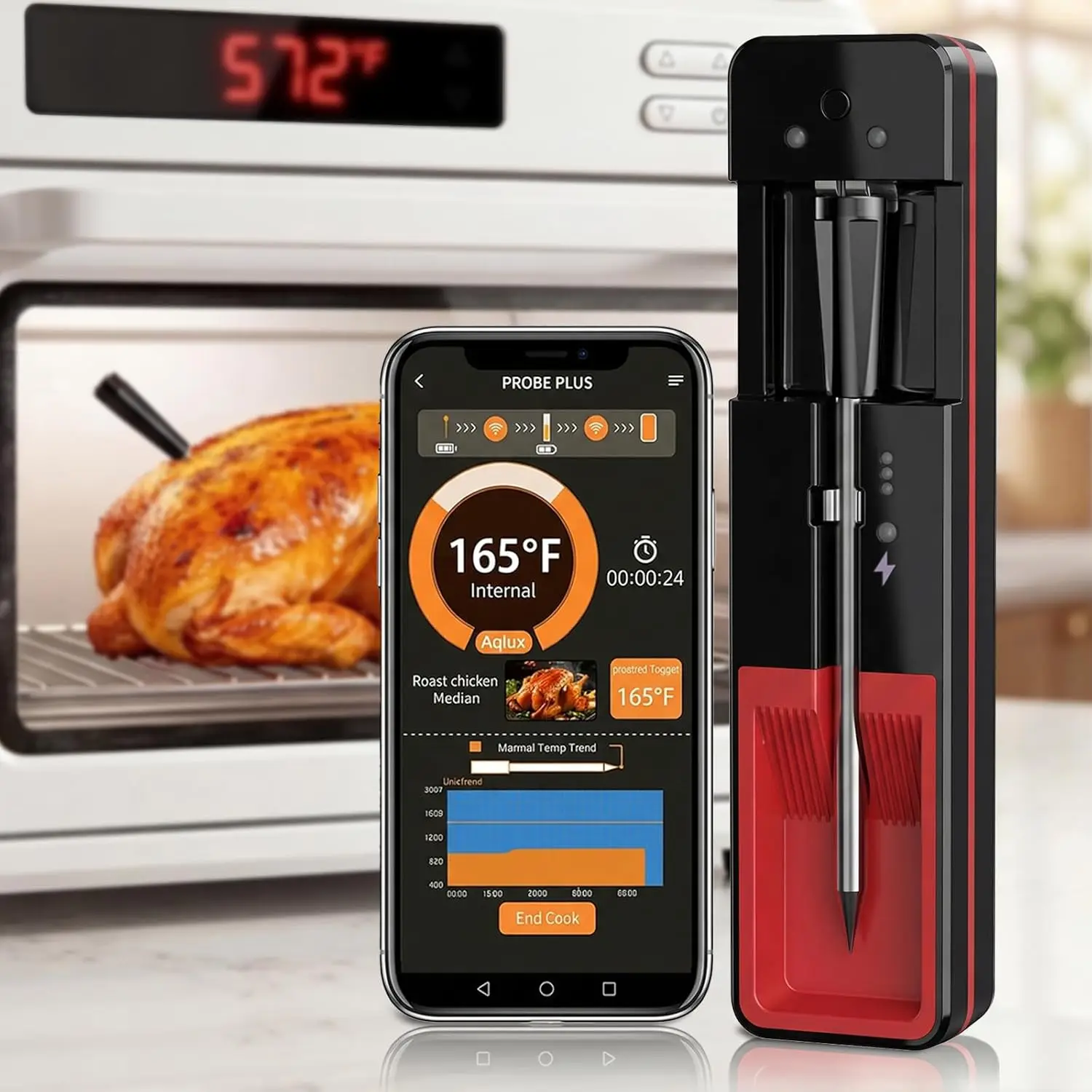 

Беспроводной термометр для мяса Time Temp: Умный Bluetooth-термометр с дальностью действия 900 футов, сохраняющий связь сквозь стены - датчик для мяса