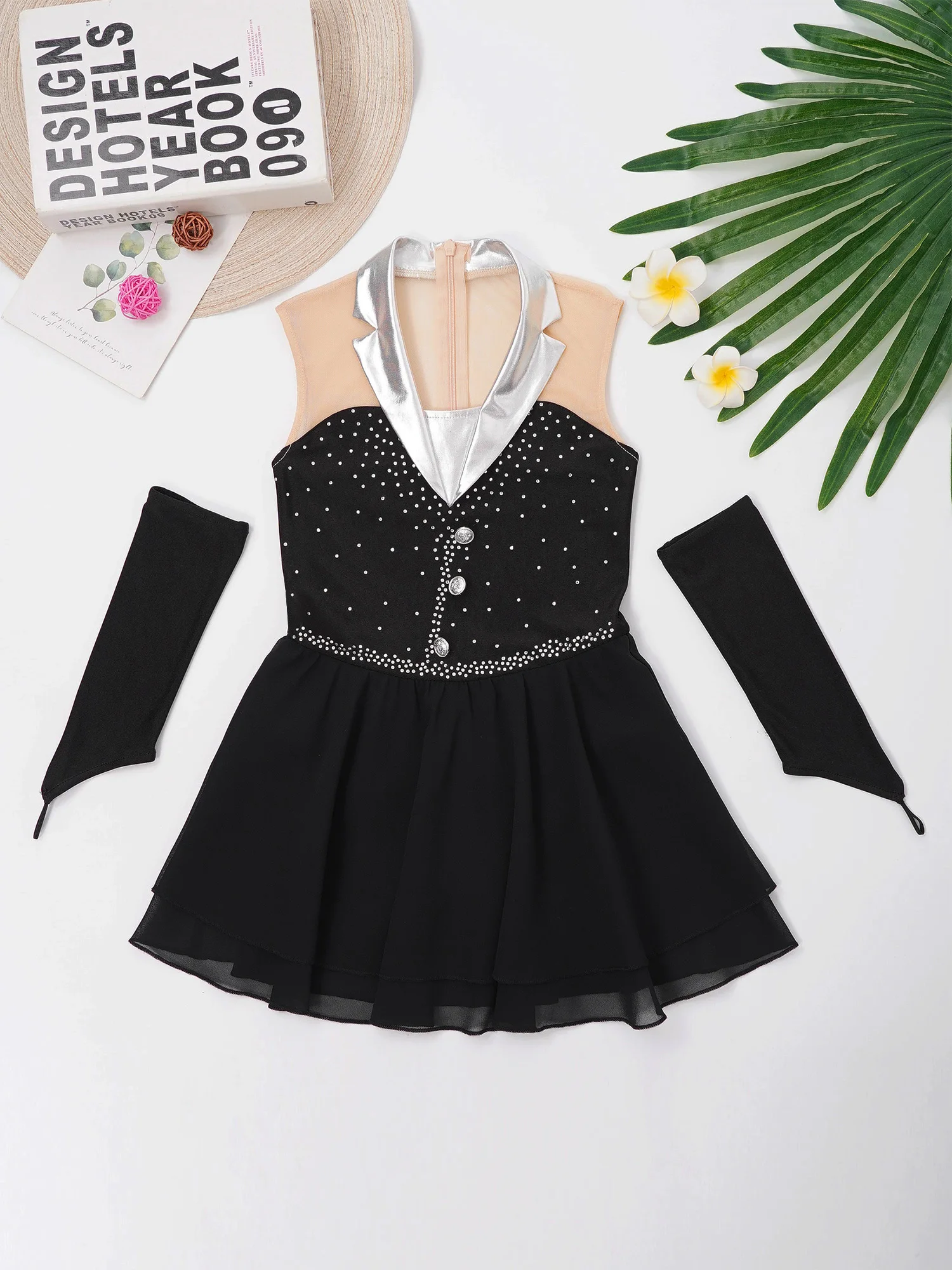 Balletdans Maillotjurk Kids Meisjes Mouwloze Chiffon Ingebouwde Slips Eendelig Kunstschaatsjurk + Vingerloze Handschoenen Sets