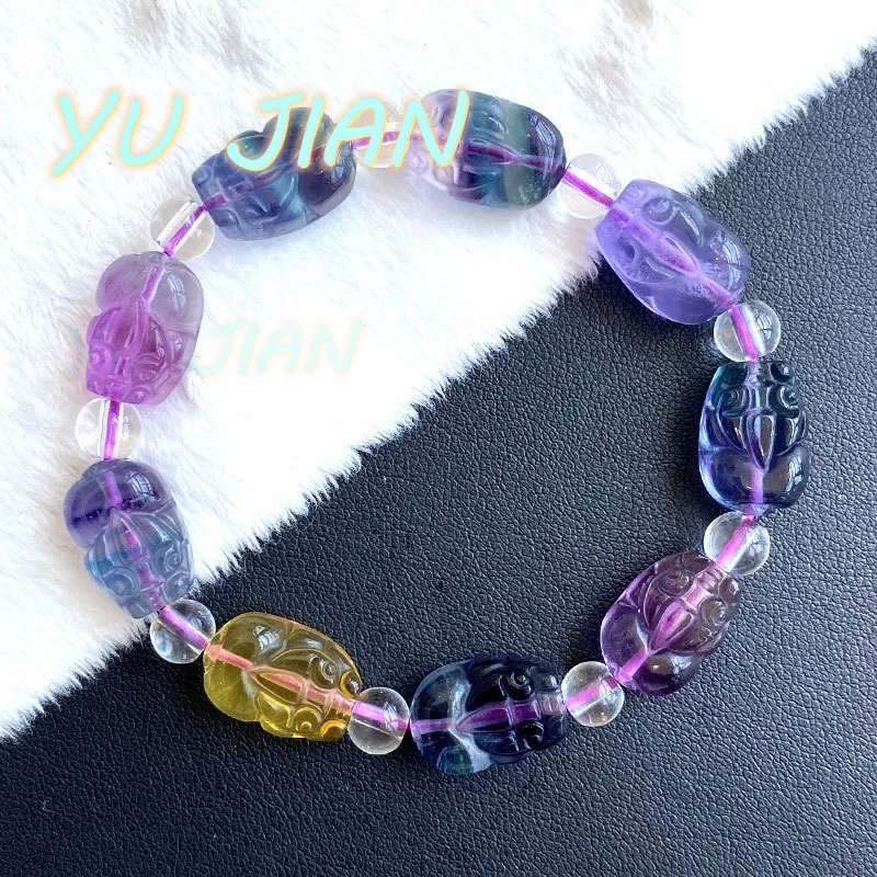 Lucky Full Color Fluorite PIXIU Bracelet Ice Transparent Multicolor Natural Crystal Carved Pichu Single Ring Handring Jewelry