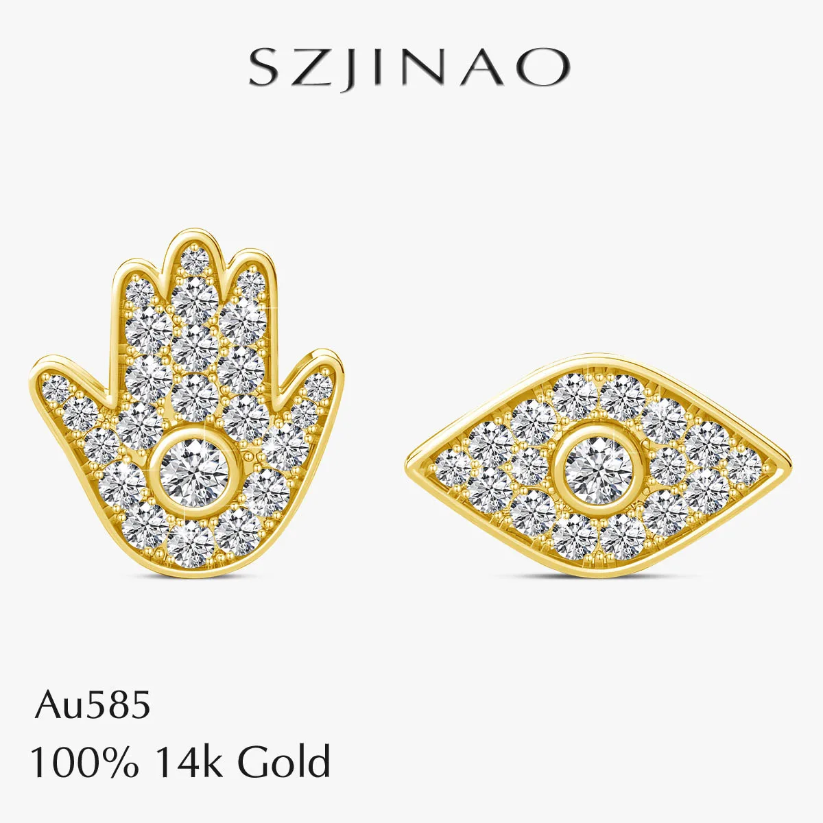 

Lucky 14K Gold Hamsa Evil Eye Asymmetric Moissanite Stud Earrings Boho Spiritual Protection Jewelry Gift for Men Women Unisex