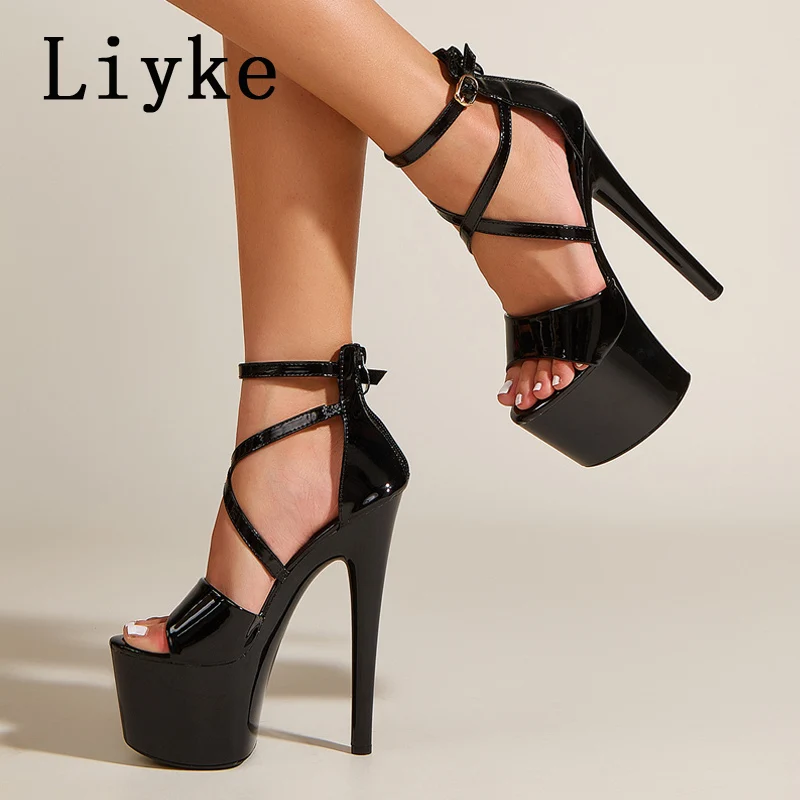 Liyke Fashion Runway Ankle Strap Platform Sandals Women Summer Patent Leather Open Toe Zip Sexy 17CM High Heels Pole Dance Shoes