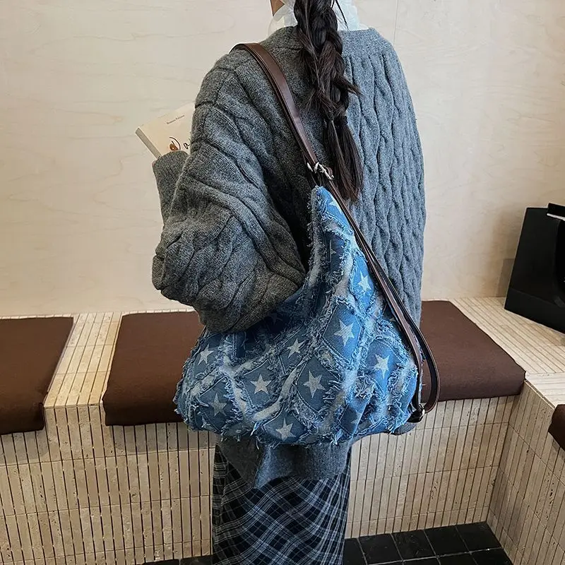 

Fashion Blue Denim Star Handbag Women Diamond Lattice Large Capacity Shoulder Bag Ladies Versatile Casual Sports Crossbody Bags