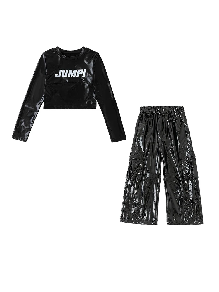 2025 Ragazze Cool Hip Hop Costume di Ballo Maniche Lunghe Nero Top Pantaloni Vestito di Pelle Kpop Jazz Dance Performance Abbigliamento BL17684