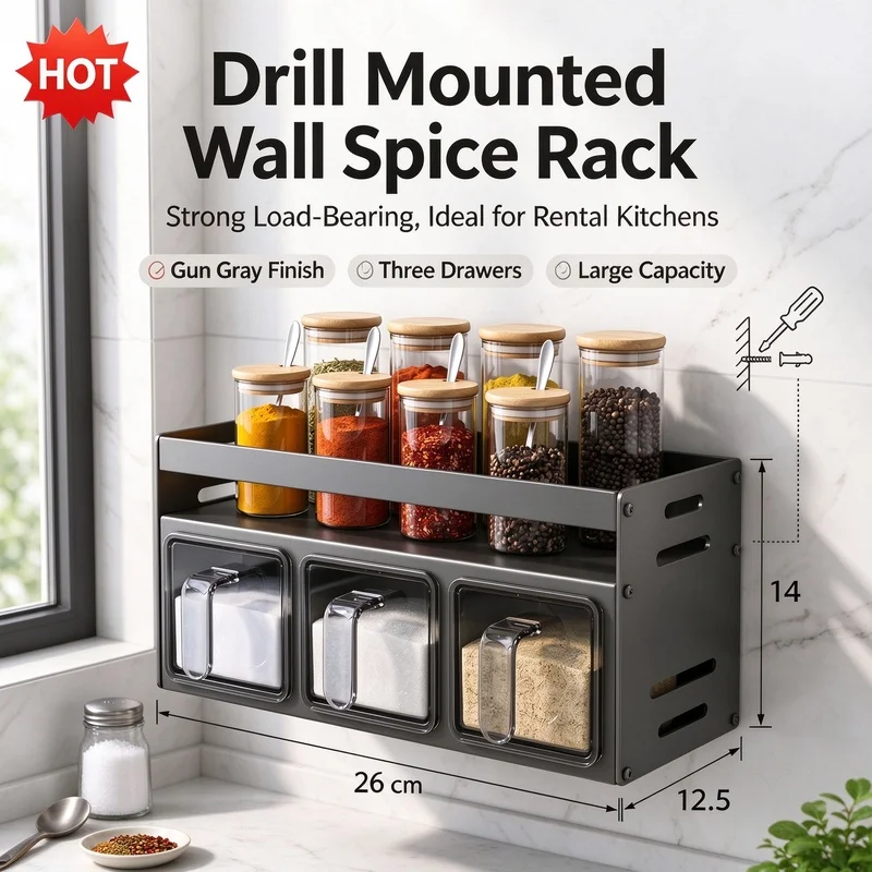 Wall Mounted Kitchen Spice Storage Rack Over Stove Seasoning Jar Organizer for Salt Sugar Pepper Cooking Condiments