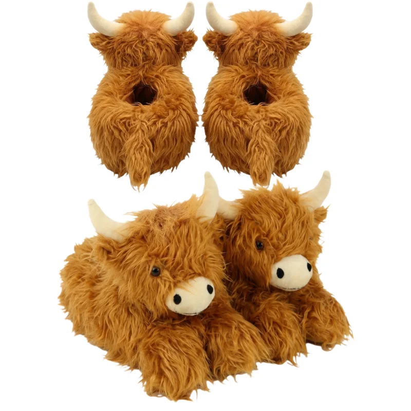 

Winter Warm Highland Cow Slippers, Fluffy Furry Plush Home Shoes, Soft Cozy Non-slip Indoor Slippers for Women Men
