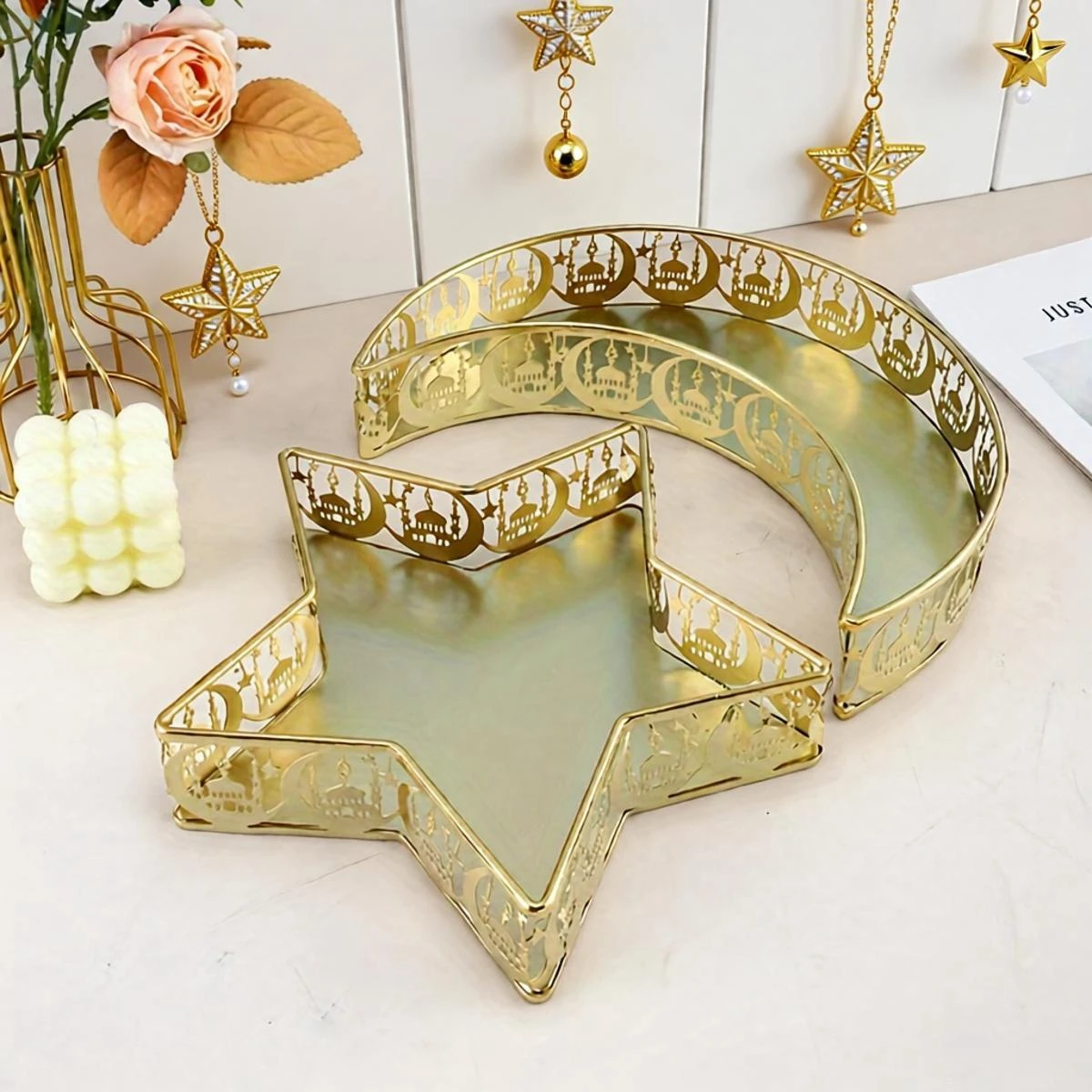 Elegant 2Pcs Gold Moon Star Trays - Iron Serving Set for Ramadan Eid, Home, Hotel & Events | Kitchen Decor, Nuts & Dishes