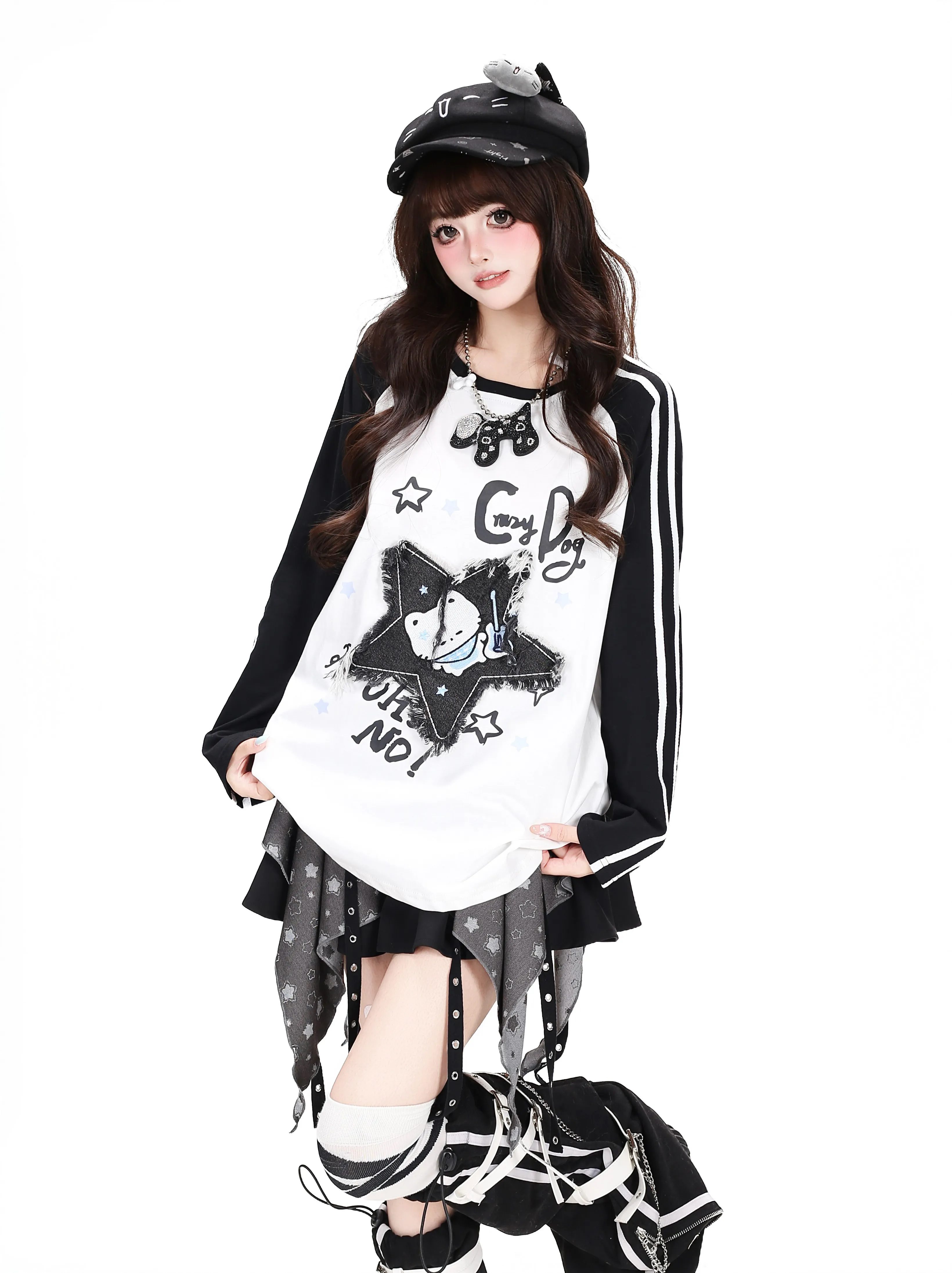 Y2K Kawaii Cartoon Puppy Denim Star Patch Raglan Long Sleeve Top Women Blue White Stripe Oversized Casual Tee