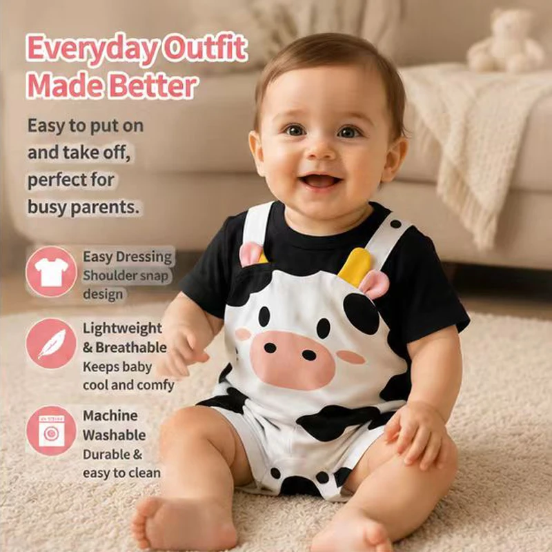 Newborn Baby Unisex Summer Cow Horn Fake Suspender Short Sleeve Spandex Stretch Wrinkle‑Resistant Daily Photo Jumpsuit 0‑18M - view 3
