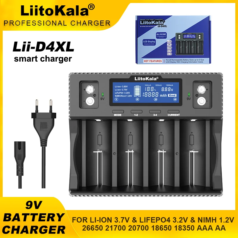 LiitoKala Lii-D4XL Lii-D4 3.7VLi-ion 1.2V NiMH/Cd 18650 21700 26650 26700 32700 D AA AAA 9V LCD Battery Display Charger