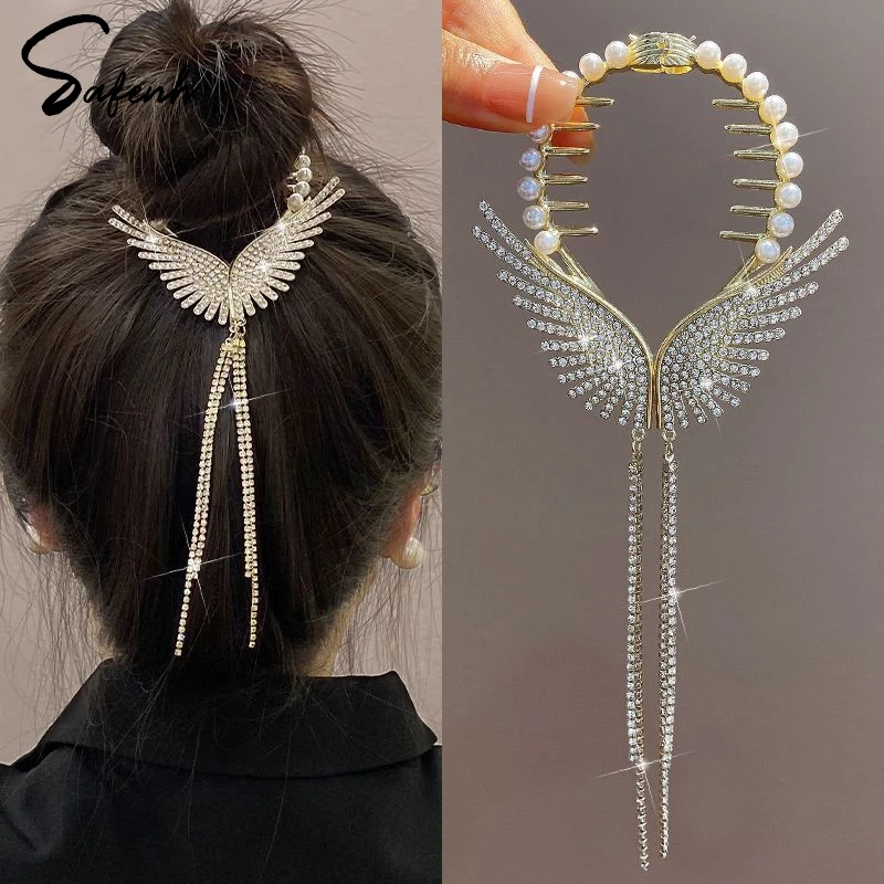 New Angel Wings Hair Bun Hair Clips Women Girls Rhinestone Tassel Ponytail Button Hairpin Golden Fashion Accessories