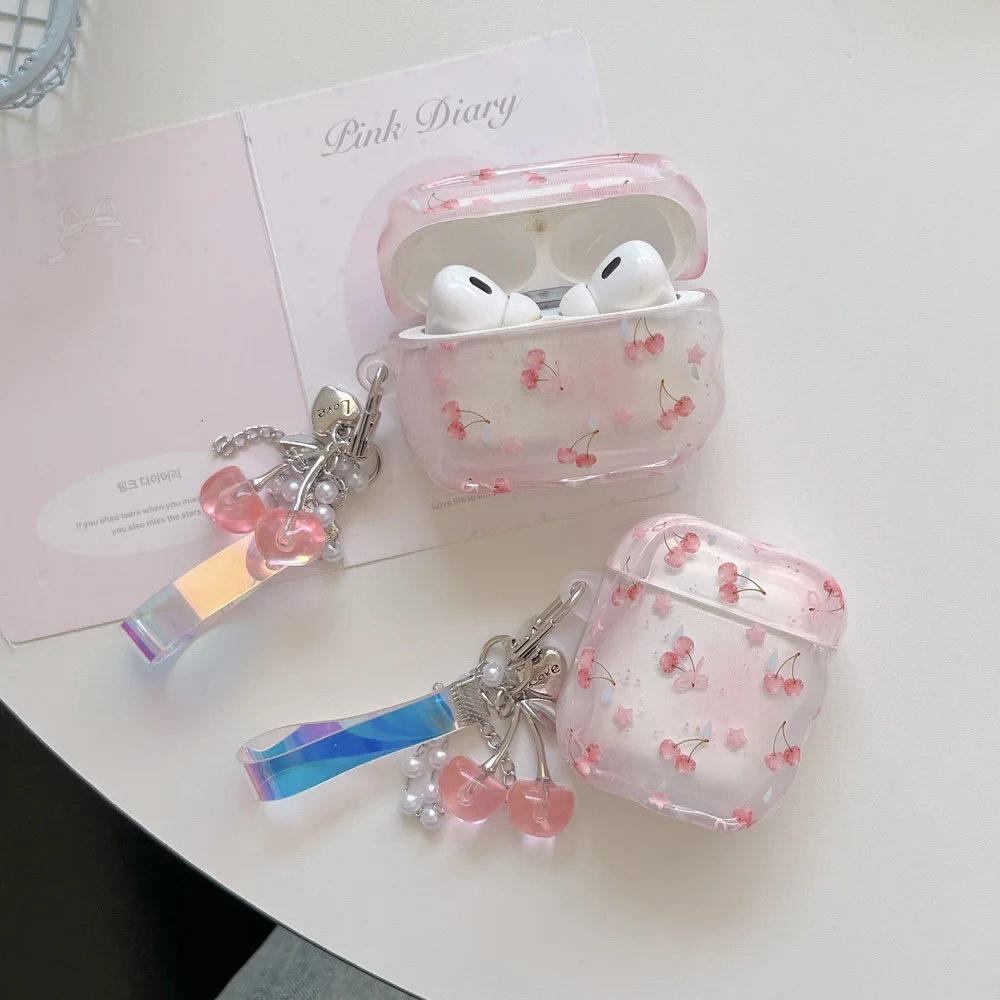 Simple Fashion Wave Star Dyeing Pink Cherry Keychain Glossy Protective Earphone Case Suitable for AirPods Pro3 Pro2 1 2 3 4 Pro