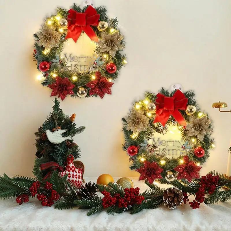 Outdoor Christmas Wreath With Lights Large 15.75in Christmas Wreaths With Red Bow And Colored Balls Holiday Artificial Door