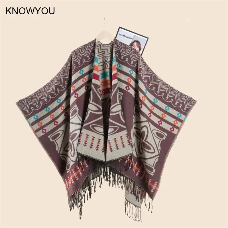 

Новинка 2025 года, зимняя накидка для взрослых, теплая накидка Bufanda, толстый искусственный кашемир, пашмина, мужская длинная куртка с кисточками, верхняя одежда, дорожные пончо