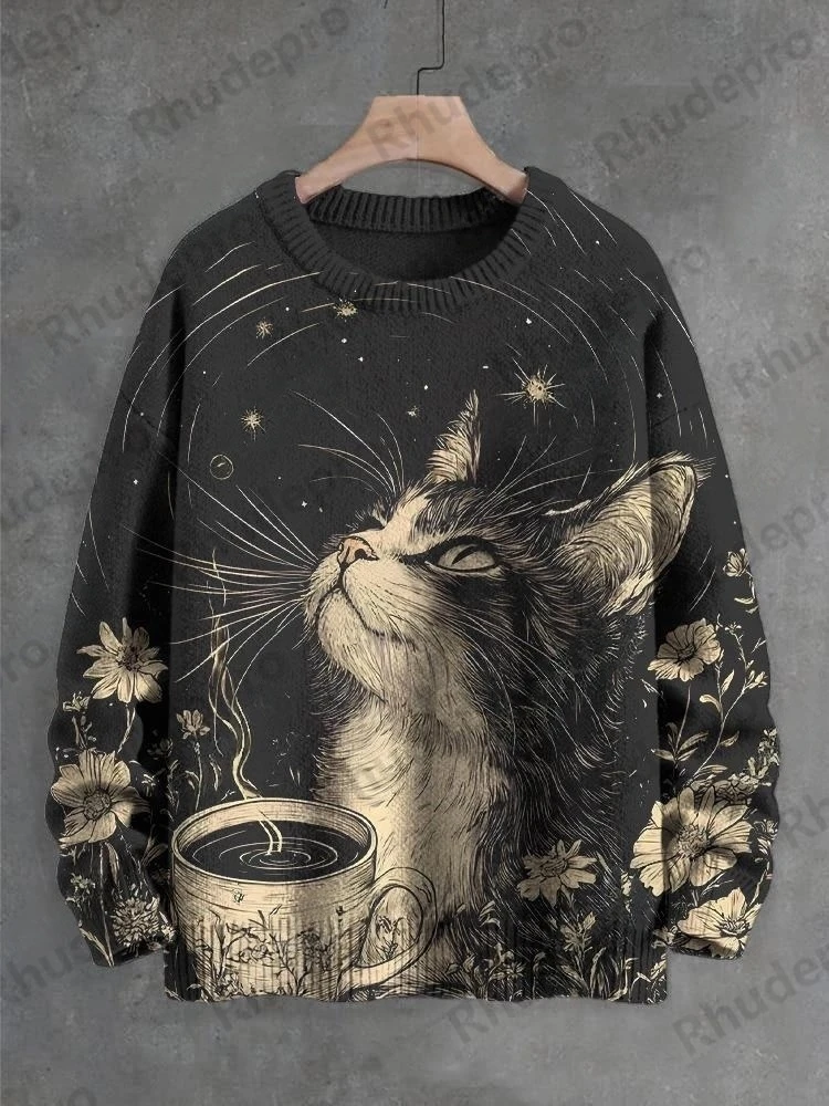 2027 Men's Retro Egypt Black Cat DJ Plays Discs UFO Sci-Fi Art Print Knit Sweatshirt Women For Men Sweater