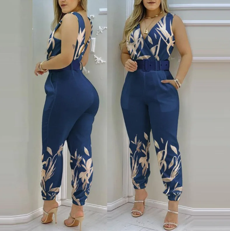 sexy deep v-neck sleeveless jumpsuit women casual print belt slim one piece set office elegant backless pencil palysuit ladies