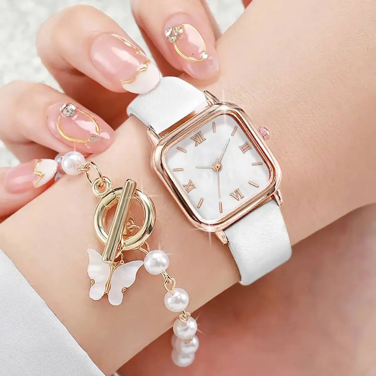 2PCS/Set Fashion Square Women Watches Casual Leather Strap Quartz Wristwatch Pearls Butterfly Bracelet Set Reloj Mujer