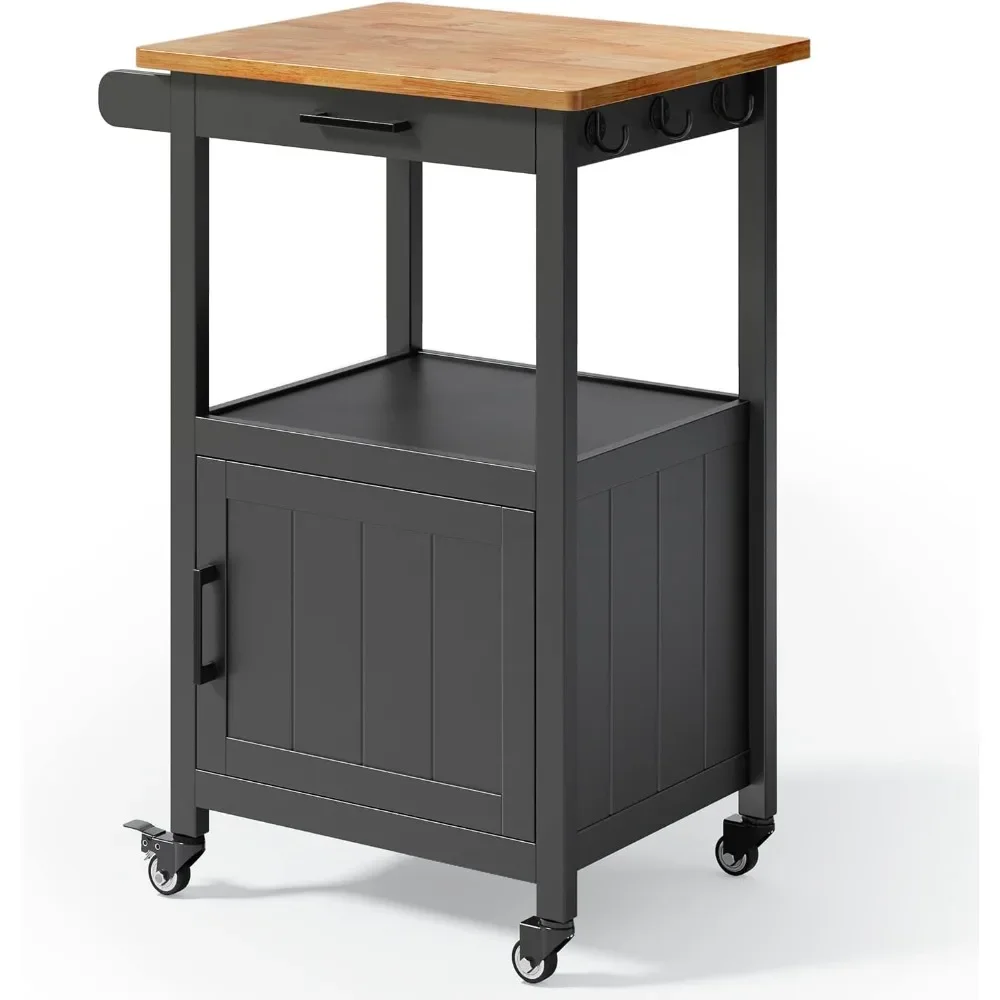 Kitchen Island Cart on Wheels with Drawer, Storage Cabinet, Shelf and Side Hook, Rolling Kitchen Cart with Rubber Wood Coun