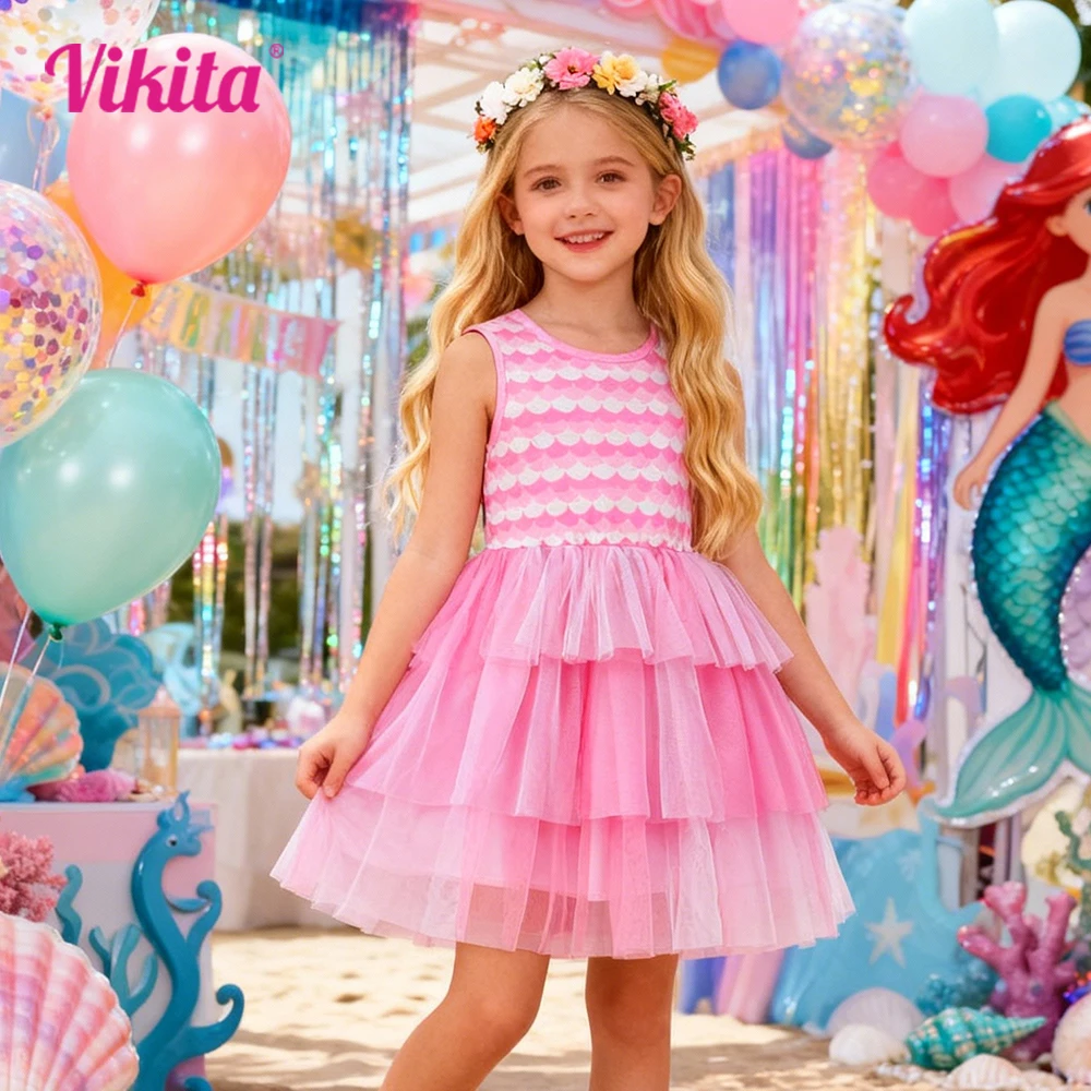 

VIKITA Girls Sleeveless Mermaid Scale Pink Dress Kids Layered Tulle Mesh Tutu Dress Toddlers Polyester Casual Party Beach Frocks
