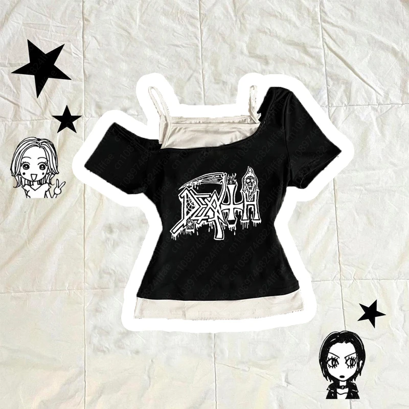 Vintage Fake Two Piece Halter Lace Up T-shirts Y2k Slim Fit Print Tops Women Off Shoulder Short Sleeve Tee Shirt millennium