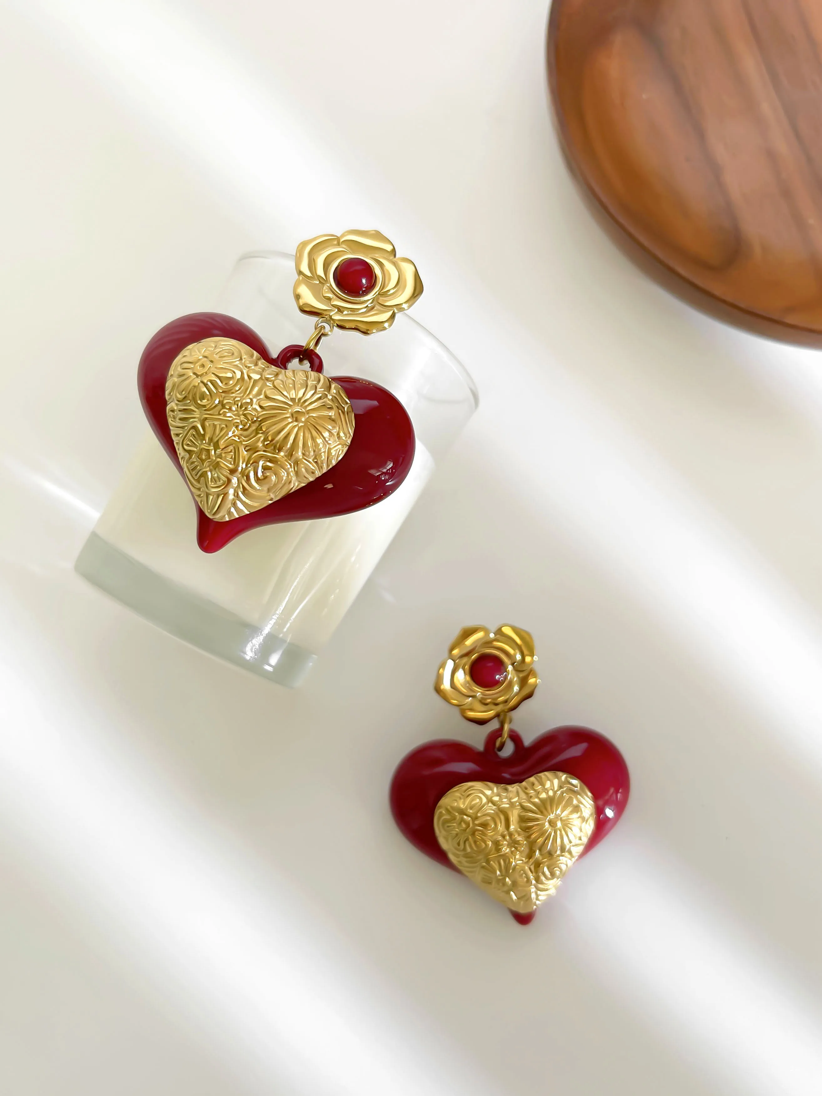 GHIDBK جديد خمر مبالغ فيه الأحمر الراتنج القلب مكتنزة إسقاط أقراط للنساء الفتيات العصرية الفولاذ المقاوم للصدأ مجوهرات حفلات الزفاف