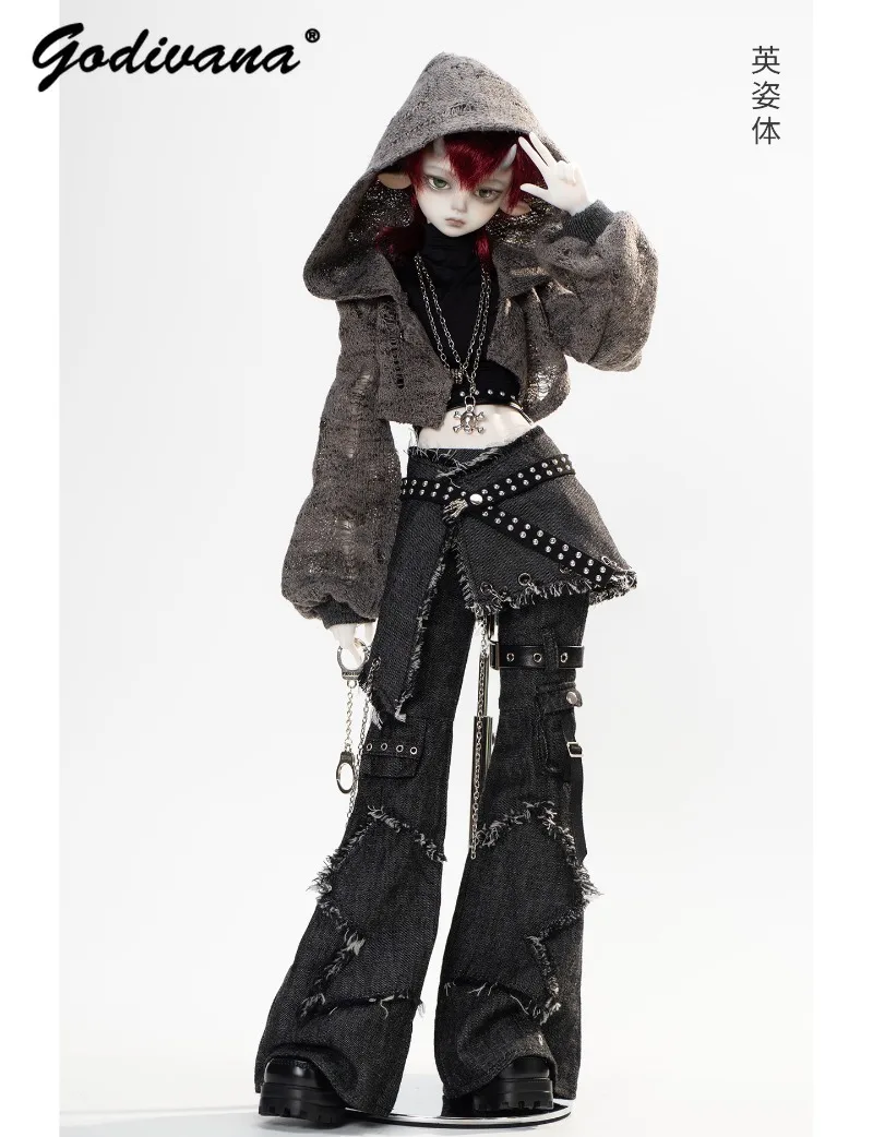 BJD Doll Wasteland Punk Outfit Hooded Cropped Sweater Flare Cargo Pants Set Handmade Distressed Denim Pants for Large 1/4 BJD