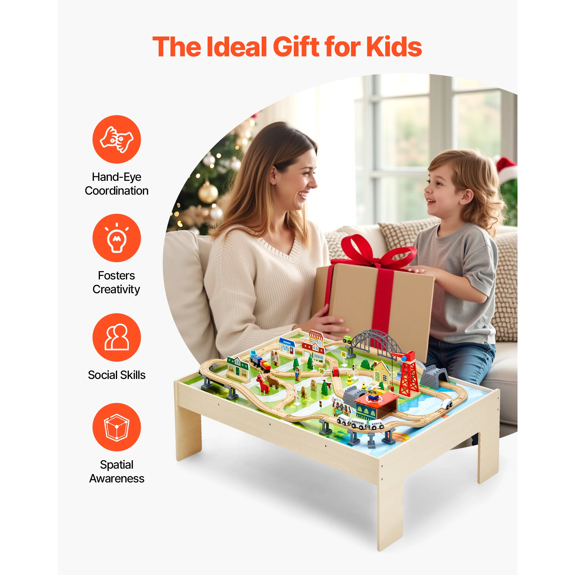 SucceBuy Table de Train en bois 3 en 1, 120 pièces, accessoires multicolores, Table d'activité pour enfants, ensemble de jouets pour enfants, jeu, dessin, lecture