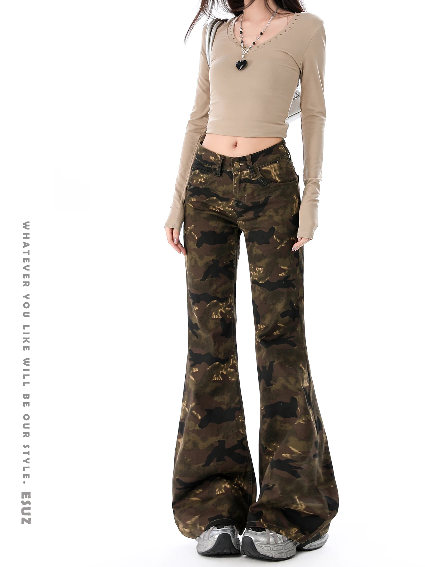 

Женские джинсы-клеш Offcat Spicy Girl с камуфляжным принтом, эластичные, с низкой посадкой, для ранней весны, осени и зимы, новая модель, утягивающие леггинсы