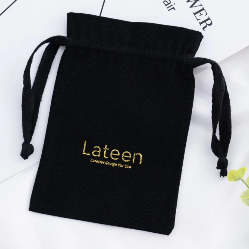 Custom Logo High Quality Small Canvas gift bag Jewelry Cotton drawstring Pouch Black Orange Muslin Dust Sack