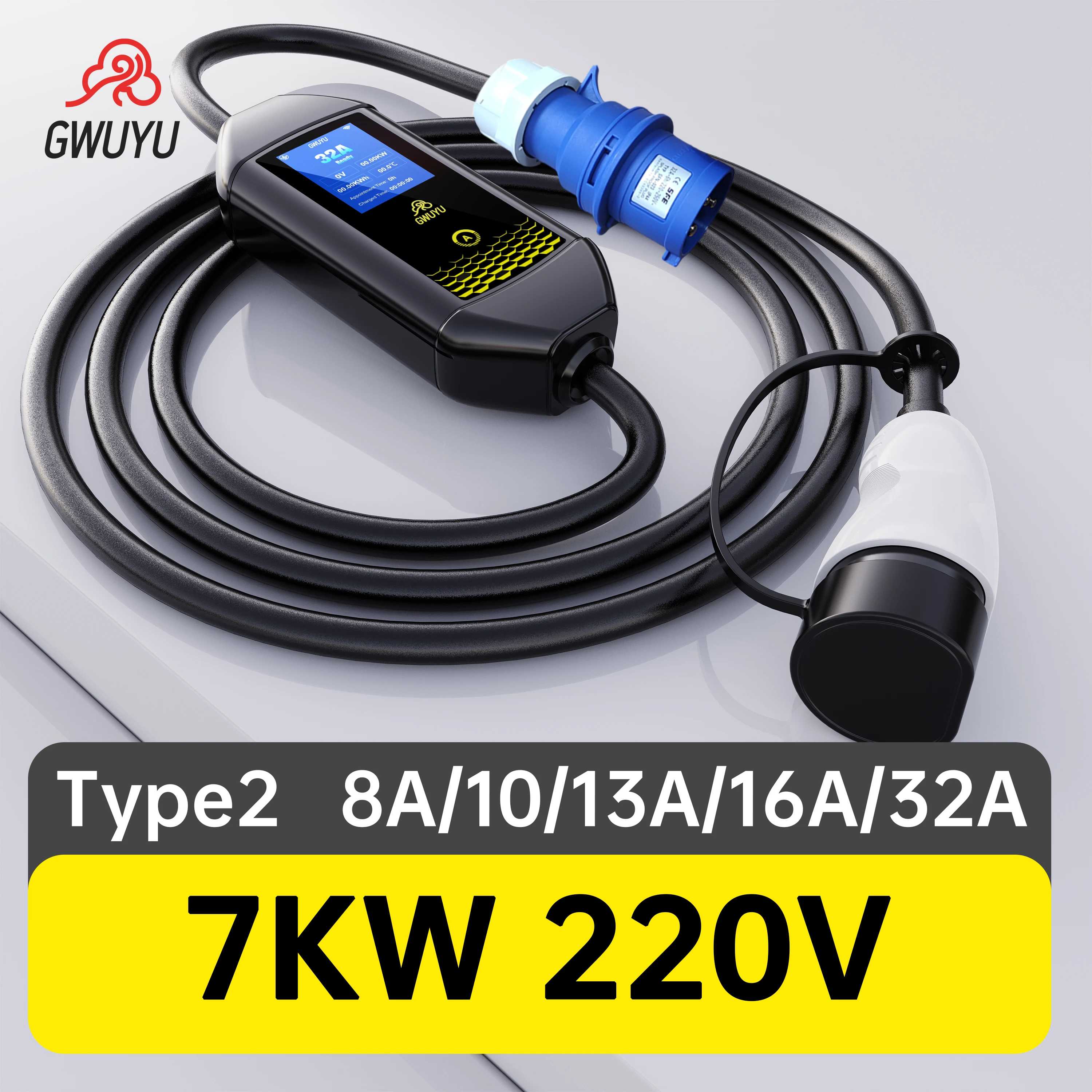 GWUYU EV Charger 220V 32A 7.6KW EVSE Portable Electric Vehicle Charging Station with Type 2 Socket 3.5M Cable Light/LED Version