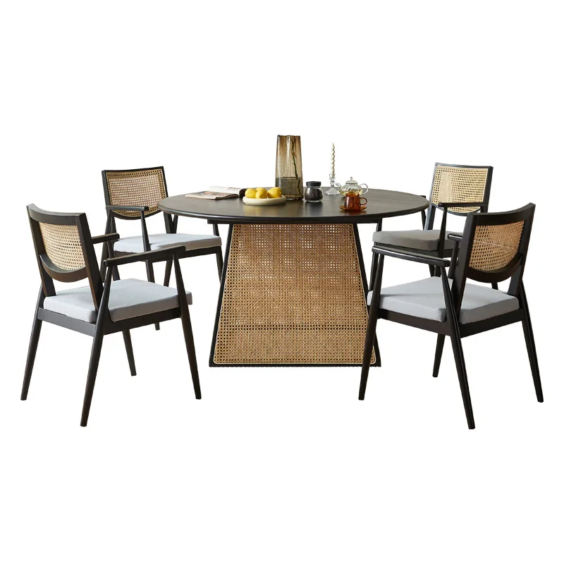 

Wabi-sabi wind rattan solid wood with turntable modern simple B & B hotel restaurant large round table