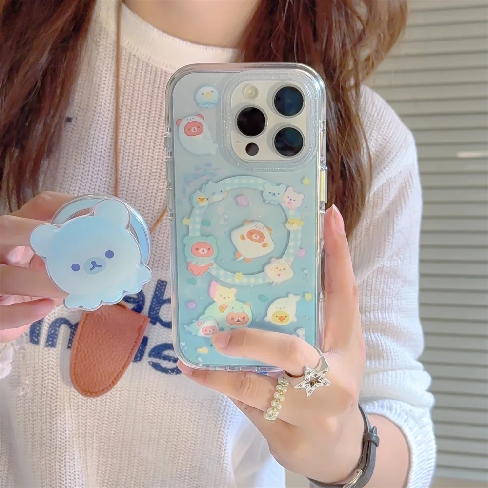 

Funny Cute Rilakkuma Magnetic Stand Phone Case For iPhone 16 Pro 13 14 15 Pro Max Back Cover For Magsafe Cases Protective Fundas