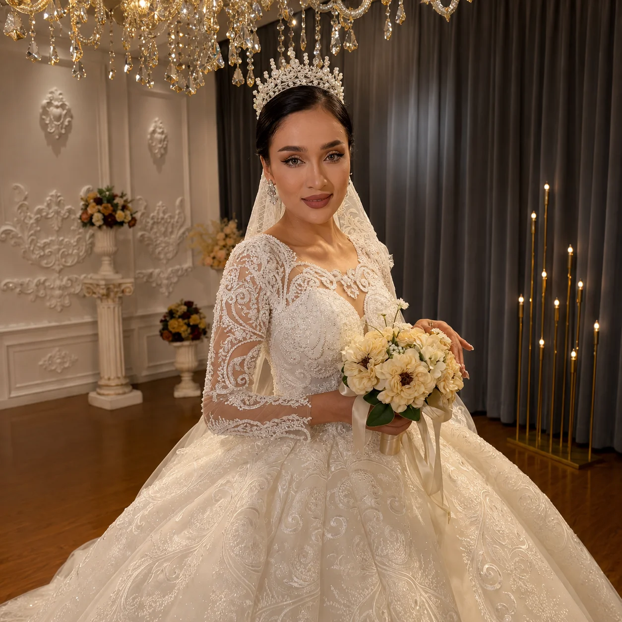 Customized Luxury Lace Wedding DressSparkly Embroidery Bridal Gown Cathedral Train Amanda Novias Official