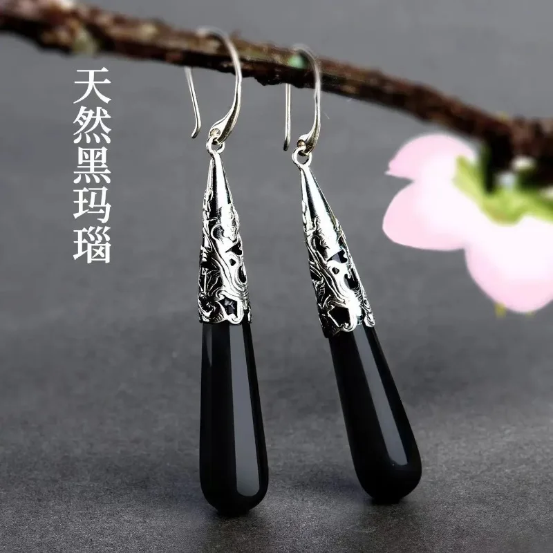 Antique Black Onyx Teardrop Earrings Long Dangle Minimalist Geometric Post Vintage Style Women Fine Inlaid Comfort Wear Gift