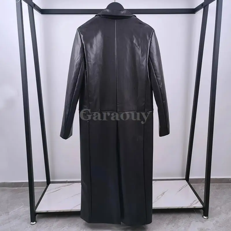 Garaouy 2024 Winter Women Vintage Straight Faux Leather Trench Coat Casual Long Motorcycle Jacket Female PU Outwear Overcoat New