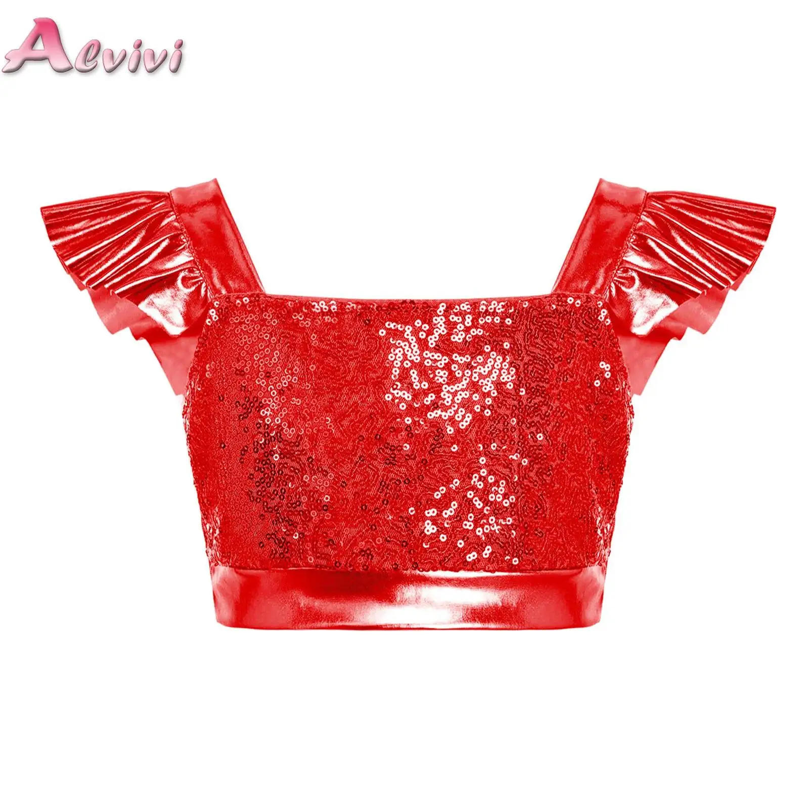 

Kids Girls Sequin Jazz Dance Crop Tops Ruffled Sleeves Sparkling Tank Top Vests Music Festival Raves Party Performance Dancewear
