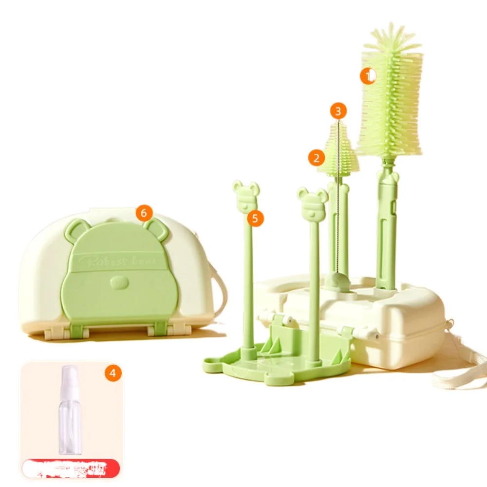 

Multifunctional Bottle Cleaning Brush Set Bear 8 in 1 Glass Cup Washing Brush Storage Drain Rack Silicone